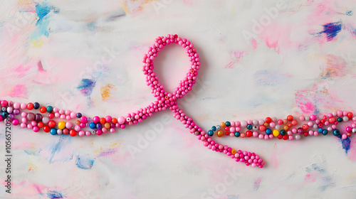 Pink Ribbon Made from Colorful Beads on a White Surface, creating a playful and artistic representation of support and hope