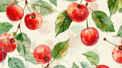 Watercolor pattern cherry, and leaves for vibrant and summery design