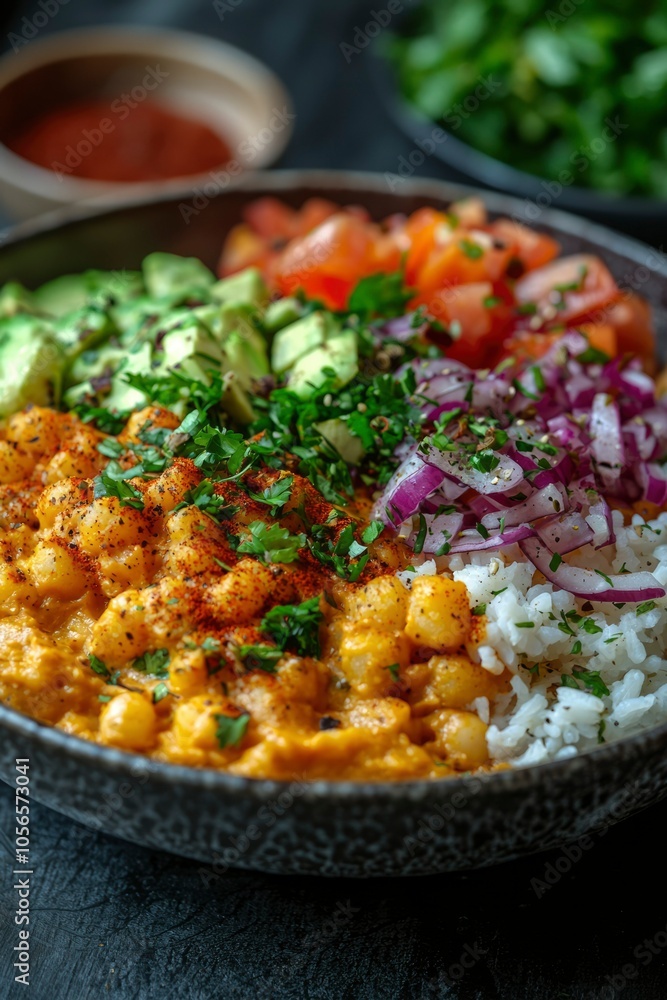 Bowl of Spicy Chickpea Curry with Rice, Avocado, Tomato, and Red Onion Bowl of Spicy Chickpea Curry with Rice, Avocado, Tomato, and Red Onion