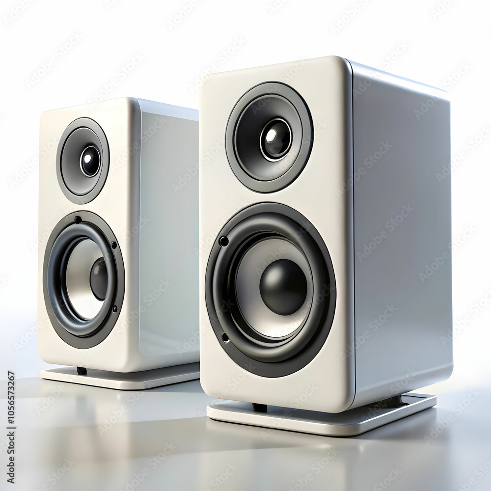 A set of computer speakers with a minimalistic design, A set of computer speakers with a minimalistic design,