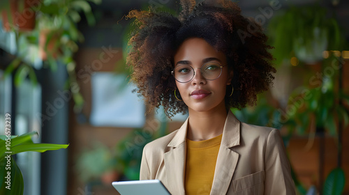 Confident Mixed-Race Businesswoman Holding Digital Tablet in Modern Office