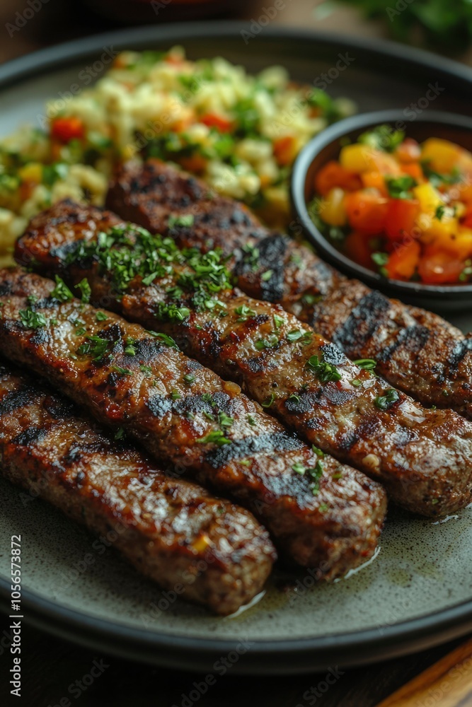 Grilled Meat Skewers with Parsley and Side Dishes Grilled Meat Skewers with Parsley and Side Dishes