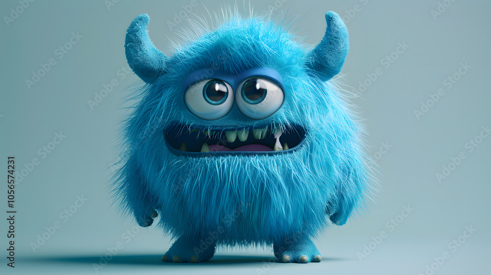 Obraz premium Cute blue furry monster 3D cartoon character