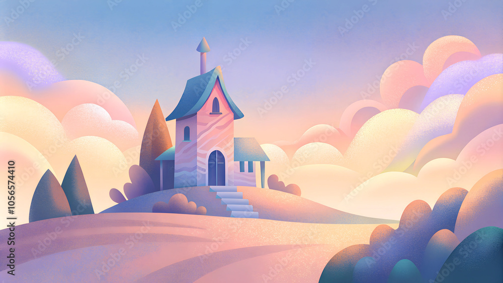 Naklejka premium Whimsical Pastel Landscape with Dreamy House and Fluffy Clouds