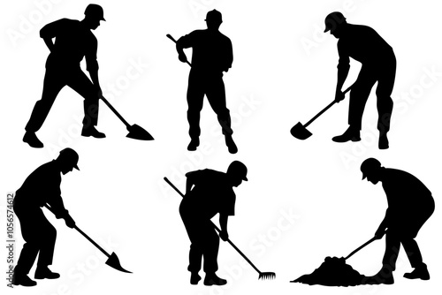 Set of black silhouette illustrations showing a man digging the ground from multiple angles.