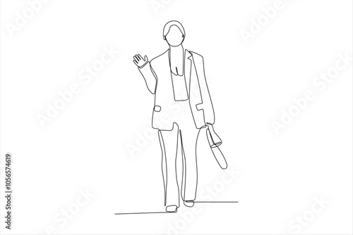 A minimalist line drawing of a person waving while carrying a bag, suggesting a friendly demeanor.