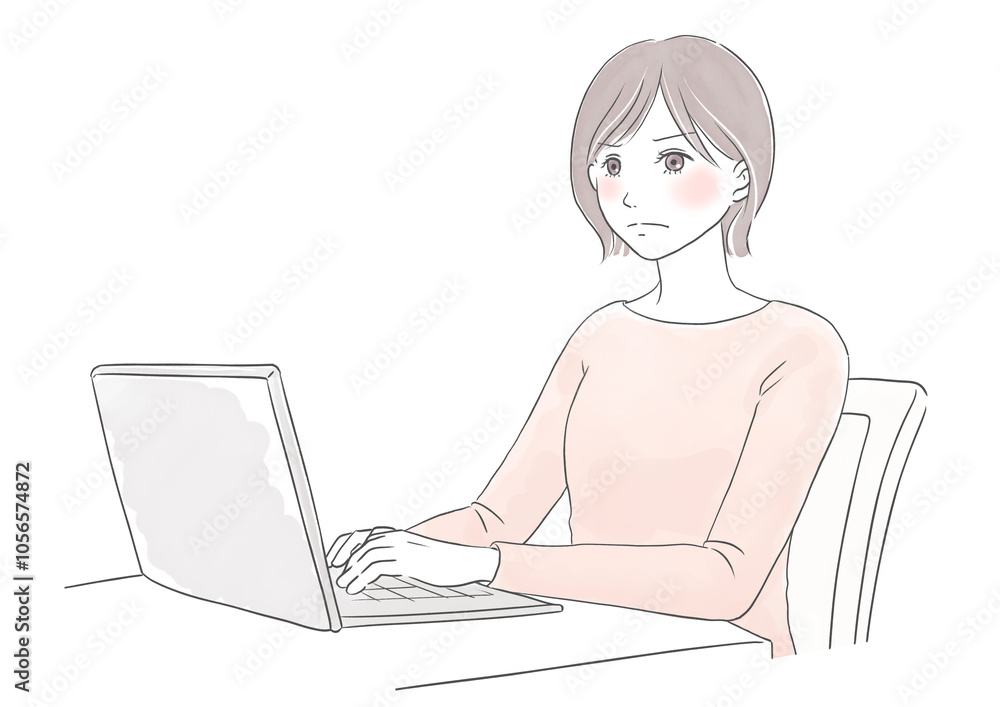怒ってパソコン操作をする女性の水彩風イラスト
