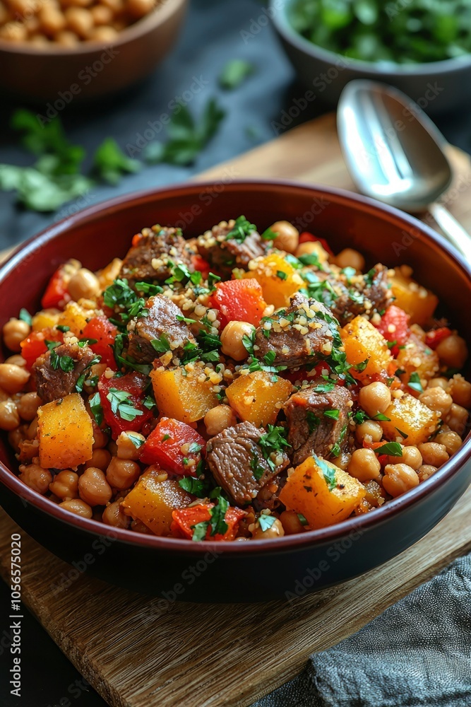 Close-up of a Bowl of Stewed Beef with Chickpeas, Squash, and Bell Peppers Close-up of a Bowl of Stewed Beef with Chickpeas, Squash, and Bell Peppers