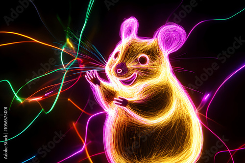 An energetic neon silhouette of a cheerful quokka surrounded by bright light streaks against a dark backdrop --ar 3:2 --s 50 photo