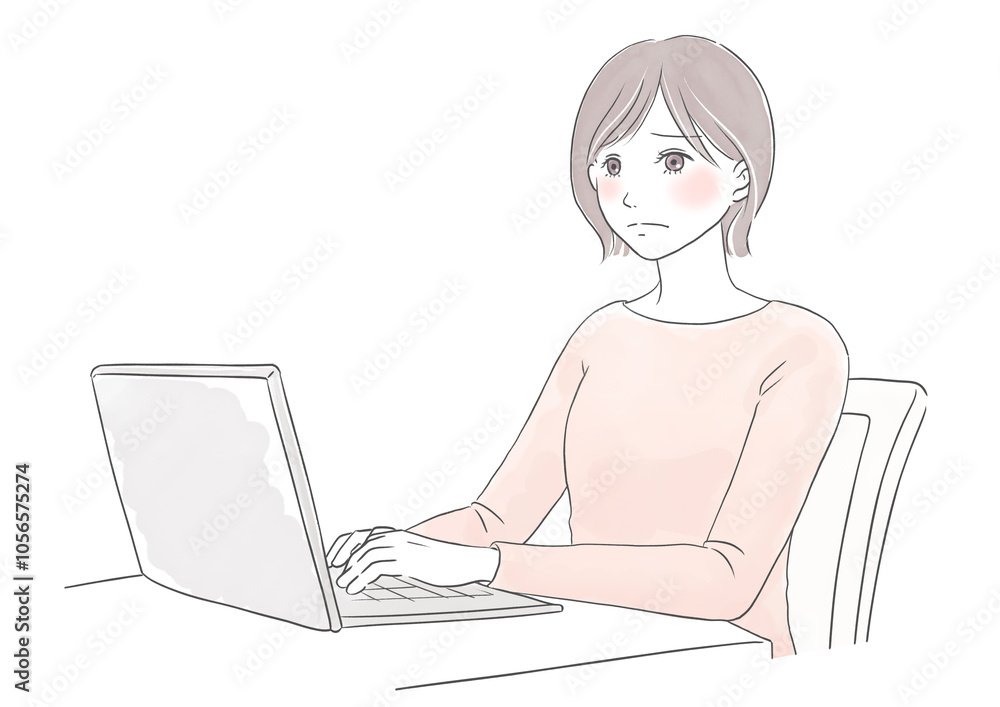 パソコン操作で悩み困っている女性の水彩風イラスト