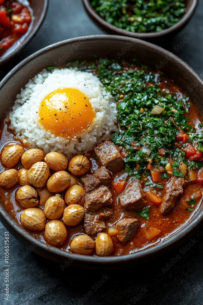 Bowl of Beef Stew with Rice, Egg, and Peanuts Bowl of Beef Stew with Rice, Egg, and Peanuts
