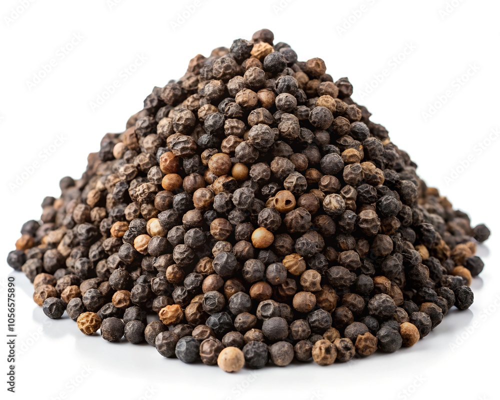 A Detailed Pile of Black Pepper is Isolated on a White Background. A Pile of black peppercorns isolated. A Detailed Pile of Black Pepper is Isolated on a White Background. A Pile of black peppercorns isolated.