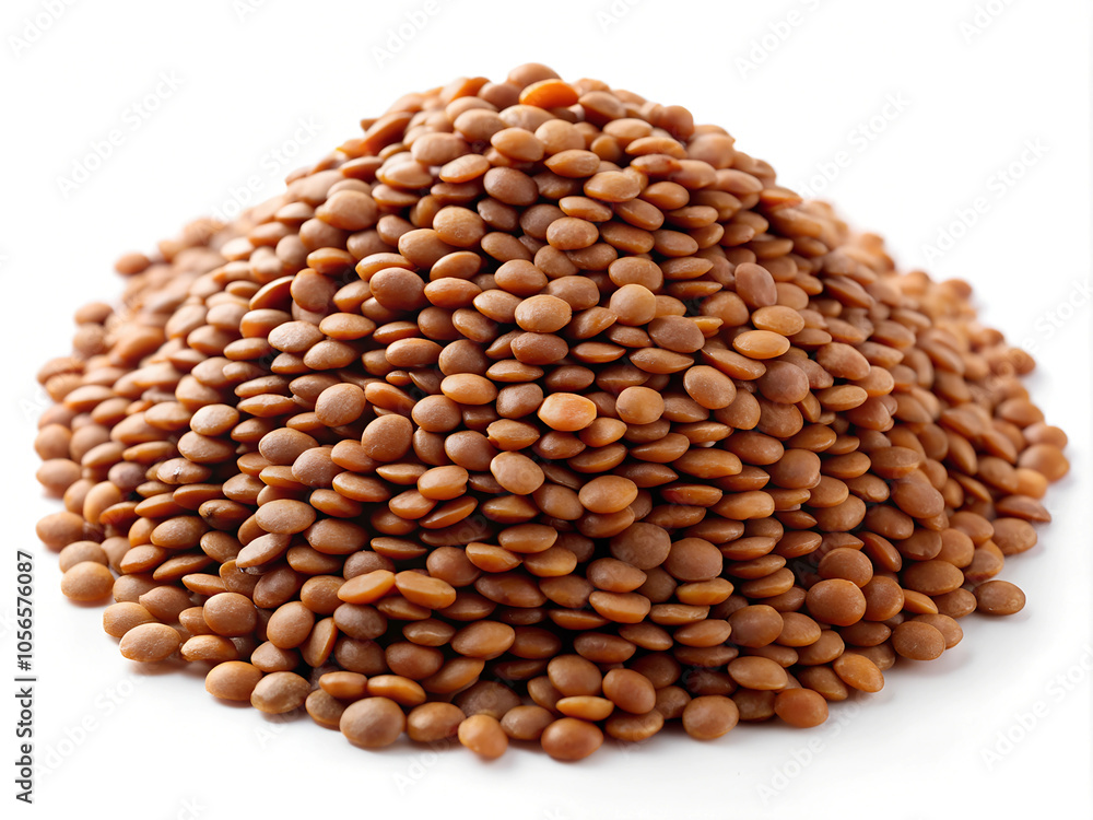 Display of brown lentils creates a visually appealing mound against a clean, white backdrop showcasing wholesome nutrition and versatile culinary possibilities for healthy diets. Display of brown lentils creates a visually appealing mound against a clean, white backdrop showcasing wholesome nutrition and versatile culinary possibilities for healthy diets.