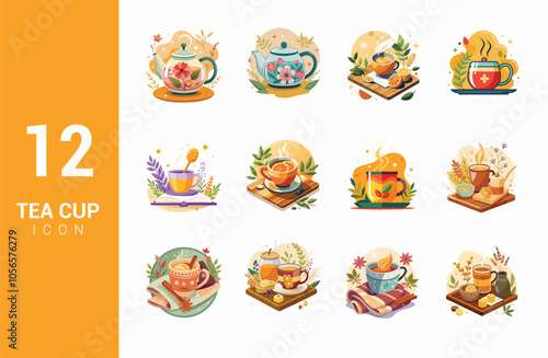 cup of tea with leaves vector icon set 