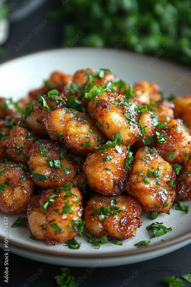 Close-up of Glazed and Parsley-Garnished Gnocchi on a White Plate Close-up of Glazed and Parsley-Garnished Gnocchi on a White Plate