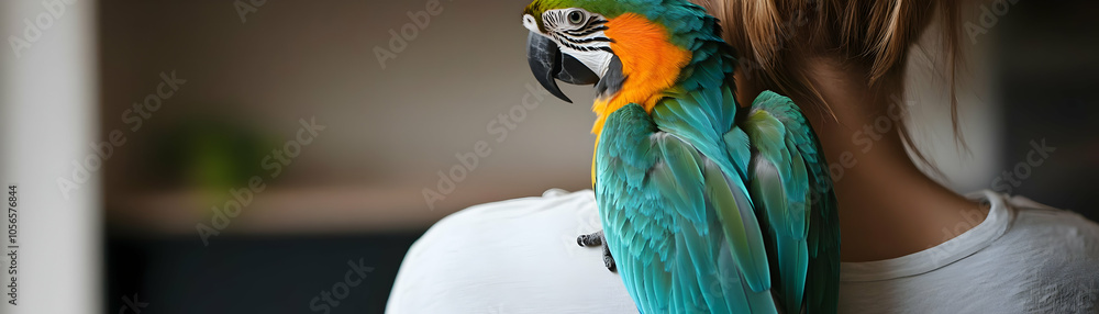 Obraz premium Therapy Parrot Perched on Shoulder, Plain Background with Copious Copy Space, Vibrant Colors Showcase Bird-Assisted Therapy, Unique Avian Companionship in Photo Stock Concept