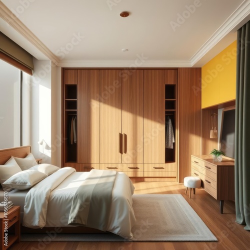 Midcentury modern master bedroom wardrobe vray style neoclassical simplicity contrasting light and shadow helene knoop wood mustard yellow classic modern master bedroom  photo