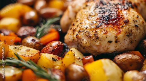 Succulent roasted chicken thighs with colorful vegetables, perfect for a hearty meal, on a rustic style background.