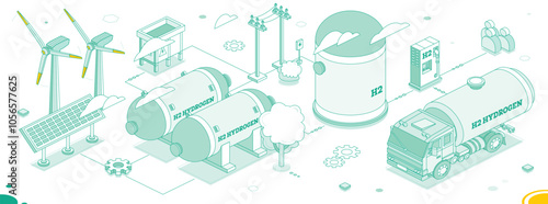 Isometric hydrogen energy. H2 electrolysis plant station. Outline objects. Hydrogen factory with solar cells and wind turbines. Truck car with cistern.