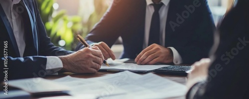 Financial Adviser Explaining Loan Rates to Client in Corporate Office Setting