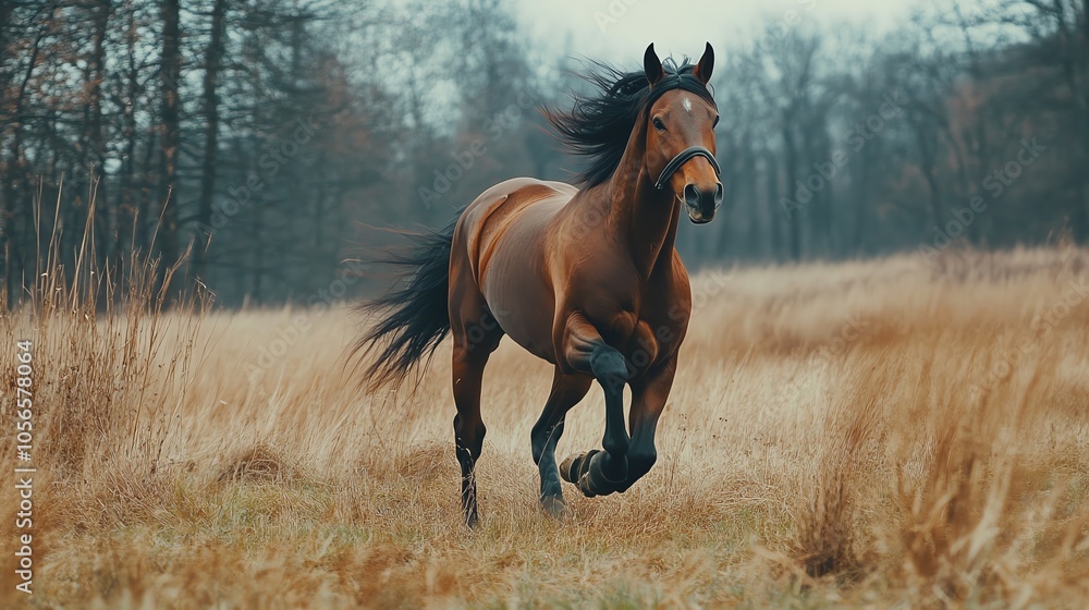 A brown horse galloping through a grassy field with trees in the background. A brown horse galloping through a grassy field with trees in the background.
