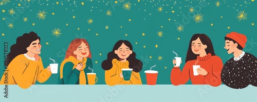 Friends enjoying warm drinks at market, Noel spirit, surrounded by tinsel, flat design illustration