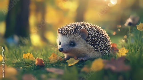 A cute hedgehog in a forest, surrounded by autumn leaves and soft sunlight filtering through the trees.