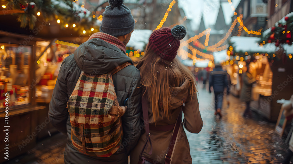 Enjoying Christmas Market, a couple walking near stalls Enjoying Christmas Market, a couple walking near stalls
