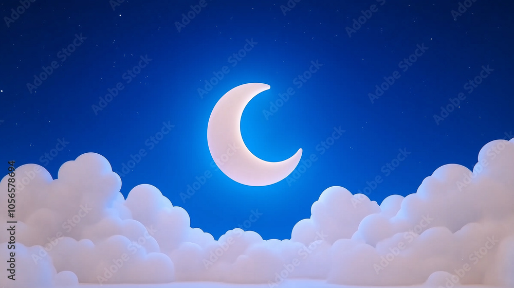 Crescent Moon and Fluffy Clouds in Night Sky Crescent Moon and Fluffy Clouds in Night Sky