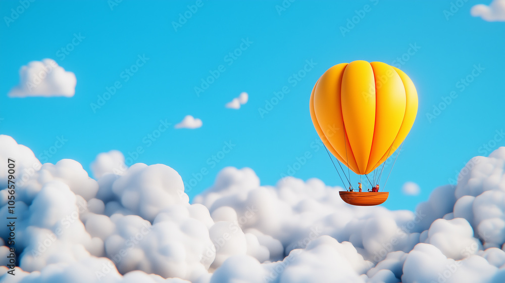 Fototapeta premium Yellow Hot Air Balloon Floating Above Clouds