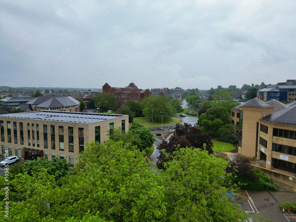 High Angle View of City of Colchester, Essex, England United Kingdom. Aerial Footage Was Captured with Drone's Camera During Rainy and Cloudy Day of May 21st, 2024 from Medium High Altitude. High Angle View of City of Colchester, Essex, England United Kingdom. Aerial Footage Was Captured with Drone's Camera During Rainy and Cloudy Day of May 21st, 2024 from Medium High Altitude.