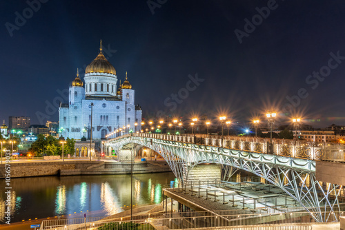 Cathedral of Christ the Savior and Patriarshy bridge at night in Moscow, Russia