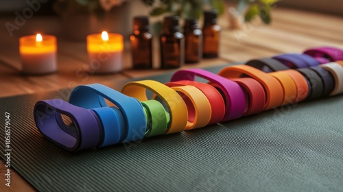 Colorful Yoga Bands on Mat with Candles in Tranquil Setting photo