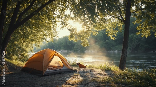 A serene camping scene by the river with an orange tent surrounded by lush trees and morning mist. photo