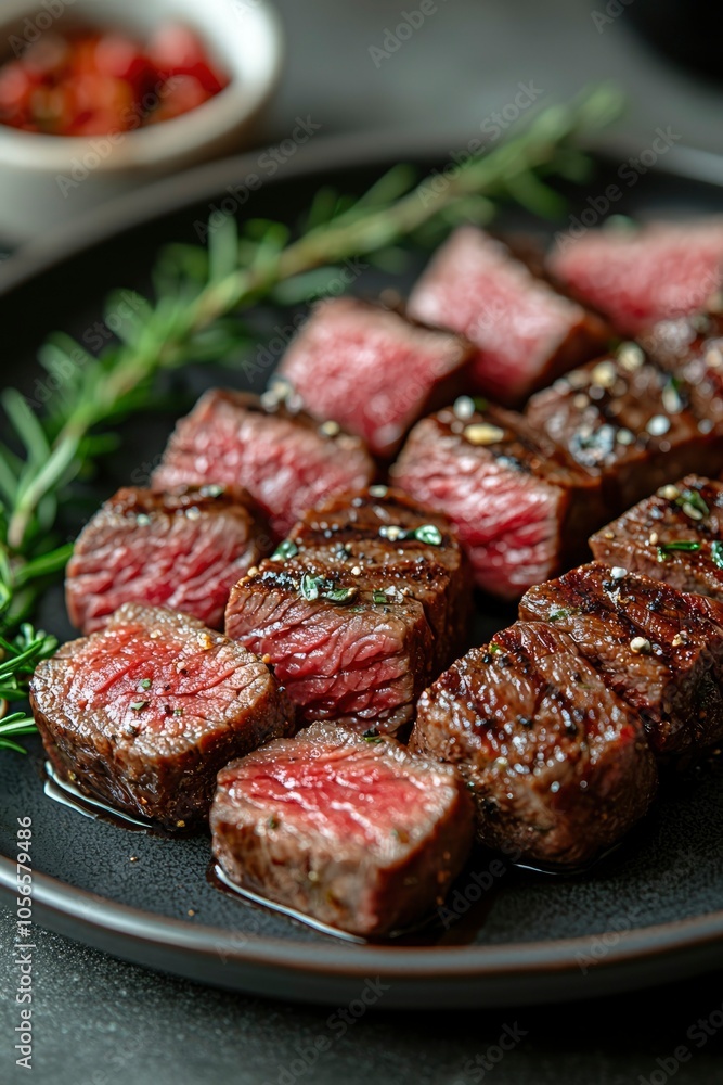 Close-up of Grilled Steak Cubes with Rosemary and Seasoning on Black Plate Close-up of Grilled Steak Cubes with Rosemary and Seasoning on Black Plate