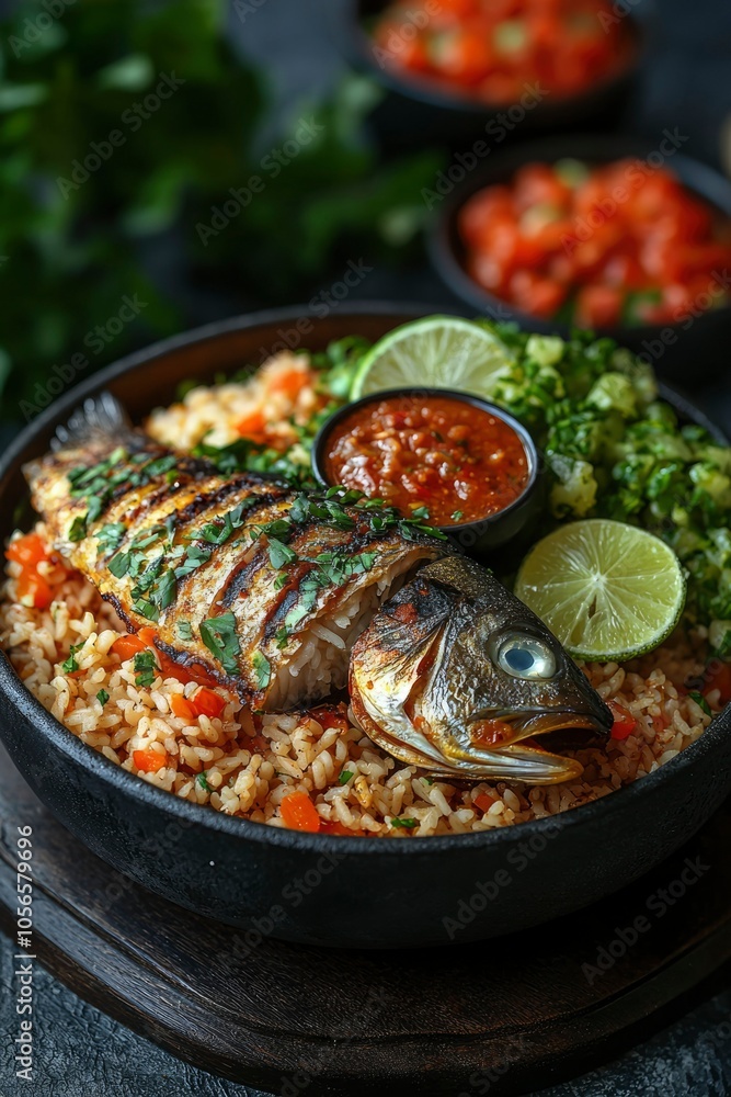 Grilled Fish Served with Rice, Salsa, and Lime Wedges Grilled Fish Served with Rice, Salsa, and Lime Wedges