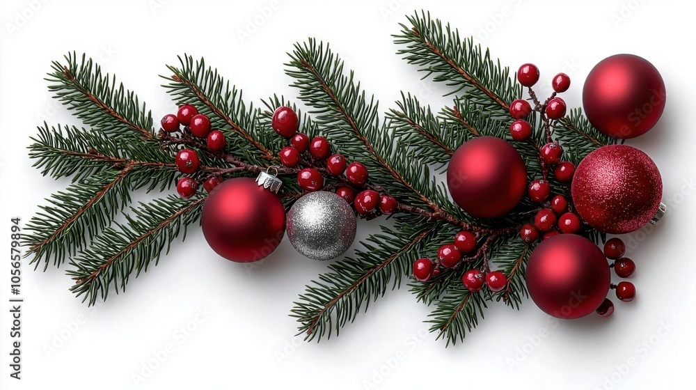 A photostock of Christmas tree branches with red and silver ornaments, isolated on white. A photostock of Christmas tree branches with red and silver ornaments, isolated on white.