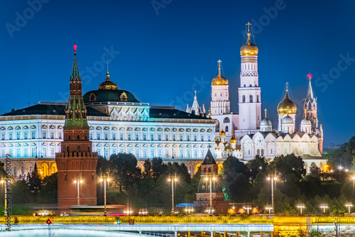Photography Illuminated Moscow Kremlin and Bolshoy Kamenny Bridge at summer night