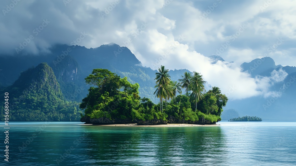 Beautiful tropical island surrounded by calm waters and lush greenery under a dramatic cloudy sky. Beautiful tropical island surrounded by calm waters and lush greenery under a dramatic cloudy sky.