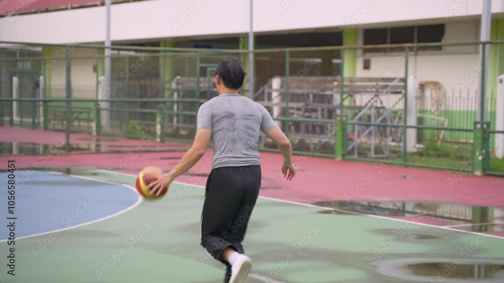 Asian young man player practicing basketball shooting at outdoors court. Asian young man player practicing basketball shooting at outdoors court.
