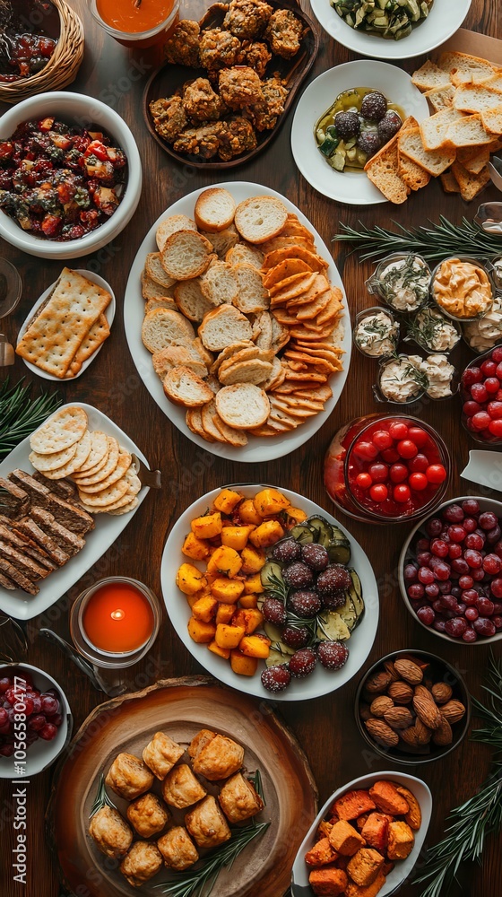 Overhead shot of a Thanksgiving table with a variety of appetizers and starters. Overhead shot of a Thanksgiving table with a variety of appetizers and starters.