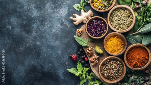 Assorted spices and herbs in bowls on a dark surface, ideal for culinary and health-related themes.