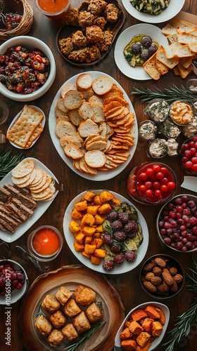 Overhead shot of a Thanksgiving table with a variety of appetizers and starters.