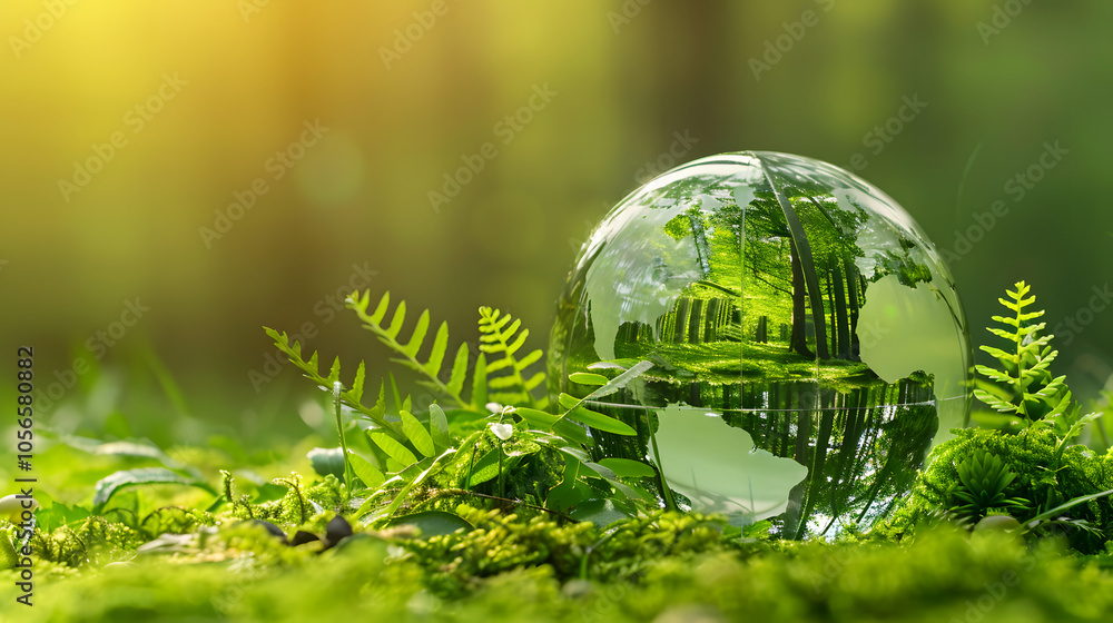 Glass globe encircled by verdant forest flora, symbolizing nature, environment, sustainability, ESG, and climate change awareness Glass globe encircled by verdant forest flora, symbolizing nature, environment, sustainability, ESG, and climate change awareness