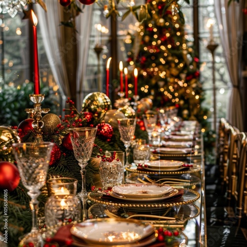 A table with a Christmas tree in the background and a lit candle on it. The table is set with a variety of wine glasses, plates, and utensils. Scene is festive and celebratory