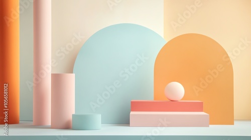 Colorful geometric shapes creating a modern abstract composition on a soft pastel background.