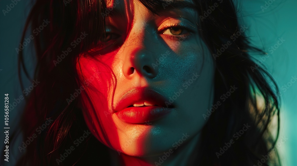 Dramatic Portrait of a Woman with Red and Blue Lighting Dramatic Portrait of a Woman with Red and Blue Lighting