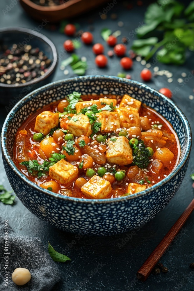 Tofu Curry with Peas, Carrots, and Sesame Seeds in a Blue Bowl Tofu Curry with Peas, Carrots, and Sesame Seeds in a Blue Bowl