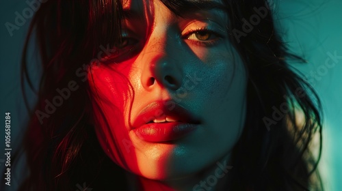 Dramatic Portrait of a Woman with Red and Blue Lighting