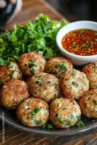 Crispy Fried Fish Cakes with Spicy Dipping Sauce and Greens